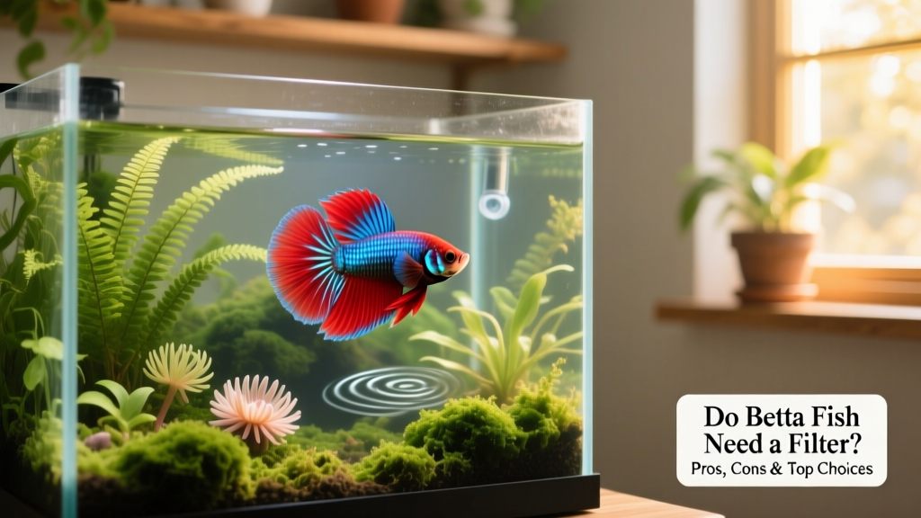 A healthy betta fish swimming gracefully in a well-planted 5-gallon tank with gentle water movement