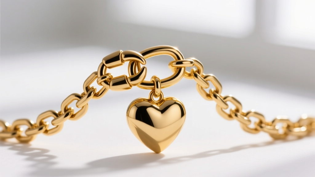 Macro view of a 1.2mm gold curb chain and a sturdy lobster claw clasp securely holding a heavy, polished solid gold heart charm.