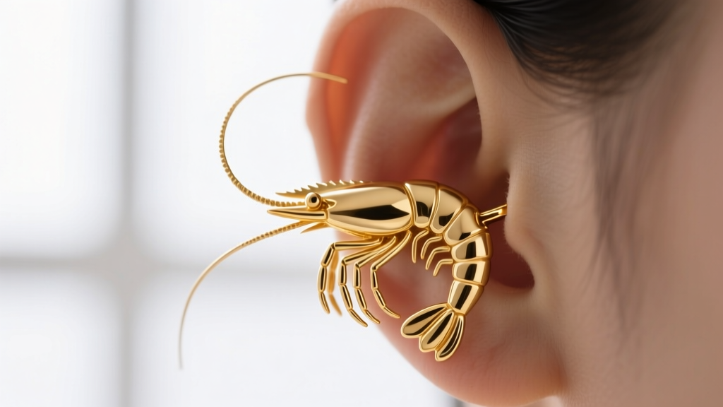 Close-up of a gold vermeil shrimp ear cuff on the helix cartilage, highlighting textured antennae and 18-gauge wire thickness.