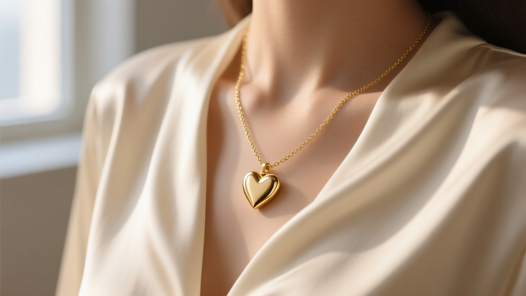 Close-up of a delicate 14k solid gold mini heart necklace resting on a silk blouse, soft morning light highlighting polished metal
