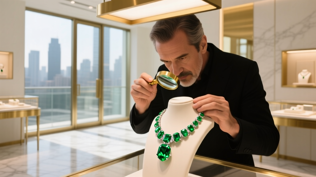 A jeweler in a bright boutique examining an emerald necklace with a loupe, showing expert gem assessment under warm lighting.