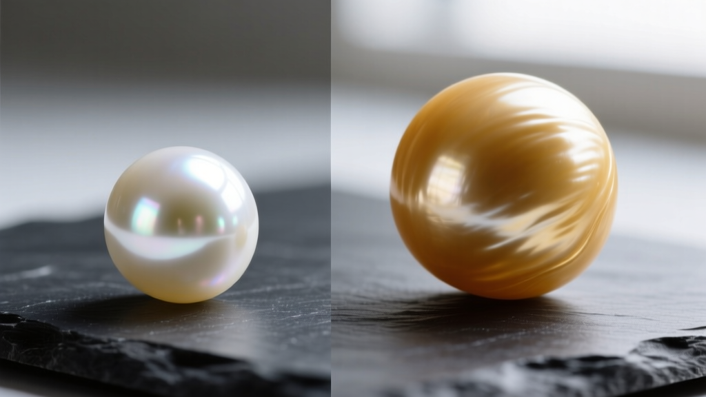 Side-by-side macro comparison of a mirror-like white Akoya pearl and a large, satiny golden South Sea pearl resting on a dark slate surface