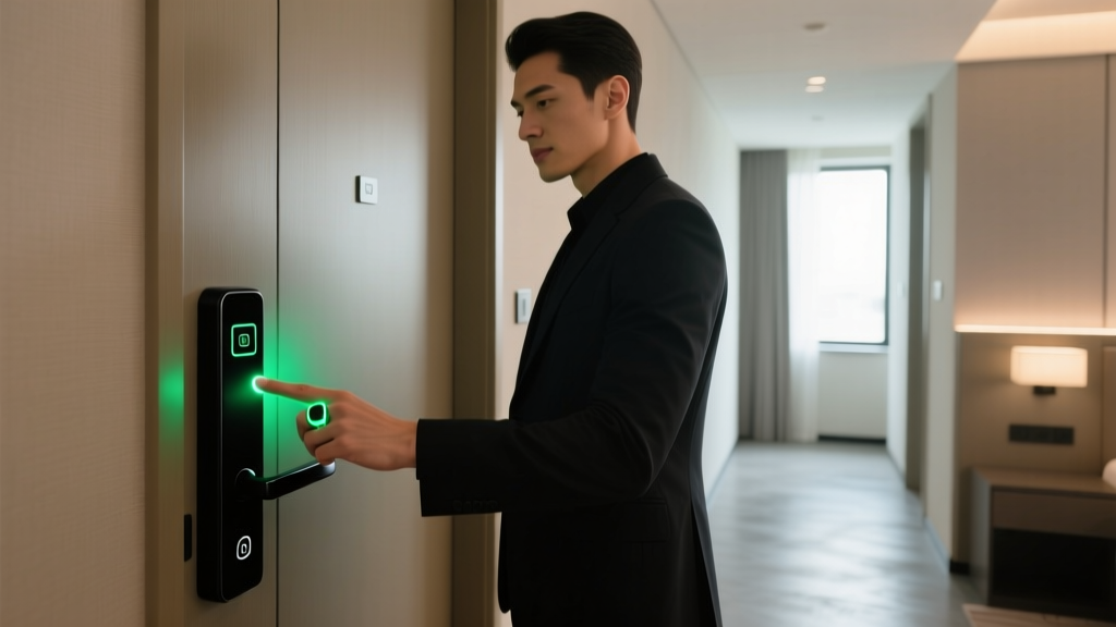 Traveler wearing a matte black smart ring tapping an NFC-enabled hotel room door lock to unlock it with a soft green LED glow