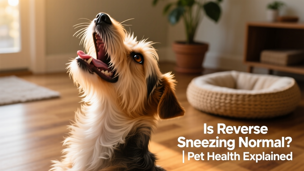 Close-up of a medium-sized dog mid-reverse sneeze, head extended, eyes wide, mouth slightly open