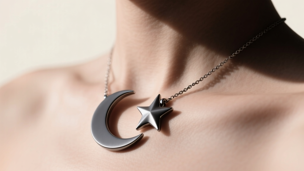 Side profile of a matte Grade 23 titanium crescent moon and star necklace, showing the dark grey metallic texture against bare skin