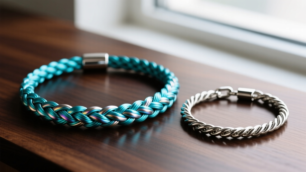 Macro shot comparing a braided aqua-titanium performance cord necklace next to a polished surgical steel rope chain on dark wood