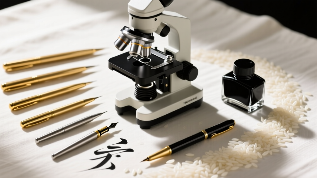 Flat lay of micro-calligraphy tools featuring a stereo microscope, fine nib pens, dark archival ink, and white basmati rice grains.