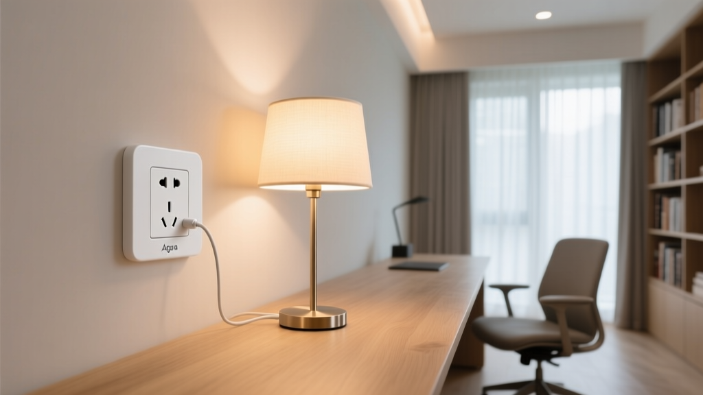 Aqara smart plug in a white wall outlet with a modern desk lamp plugged in, emitting a warm ambient glow in a home office setting