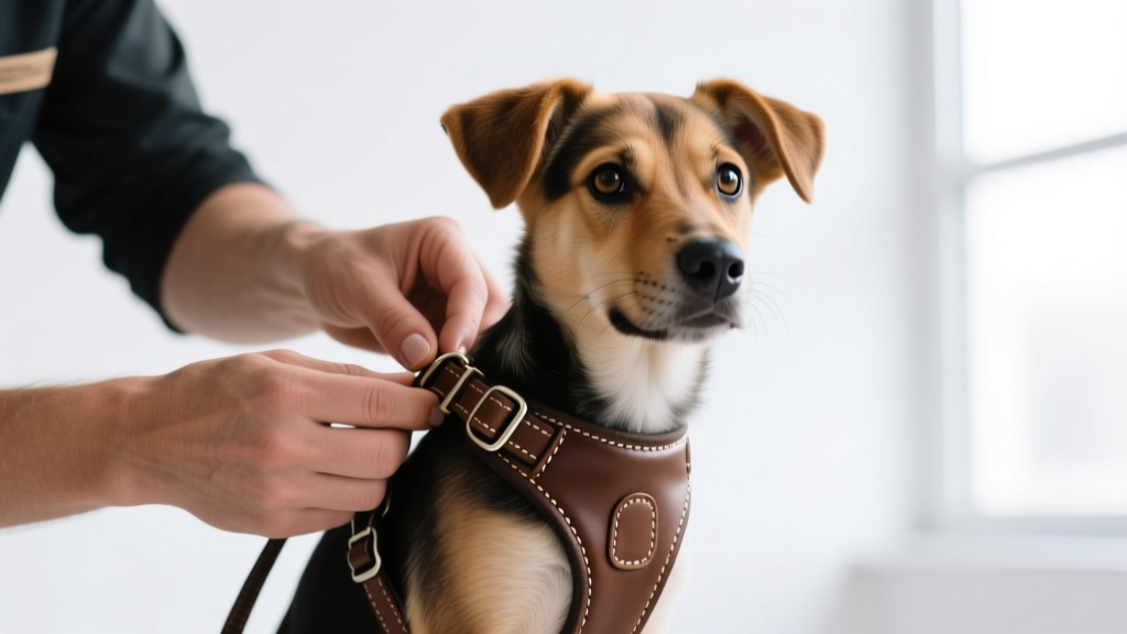 Close-up of a trainer adjusting the girth strap on a puppy harness while demonstrating the two-finger safety clearance rule