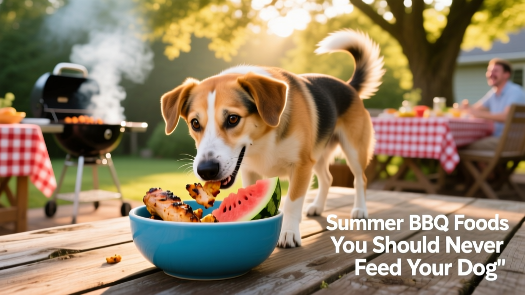 A mixed-breed dog happily eating small pieces of grilled chicken and watermelon from a blue bowl on a patio during a sunny barbecue