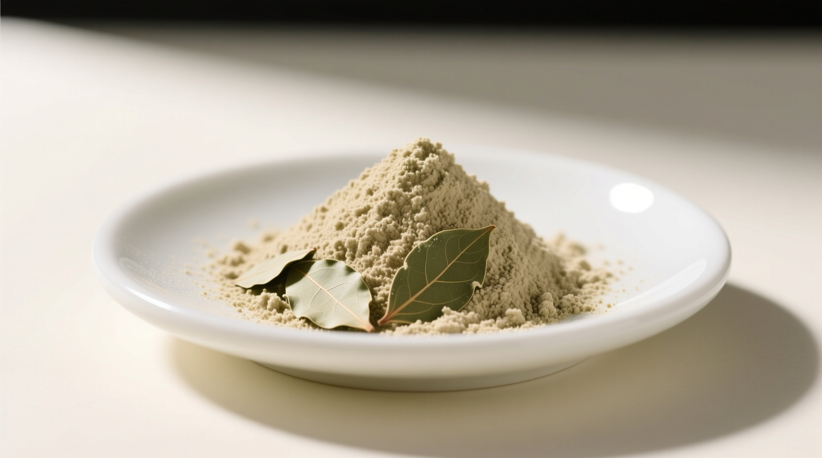 Close-up of bay leaf powder in glass jar showing fine texture and rich green color versus stale brown powder in comparison