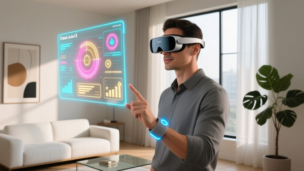 User wearing Xreal Air 3 AR glasses and a matte grey haptic wristband, interacting with a floating holographic UI in a modern room.