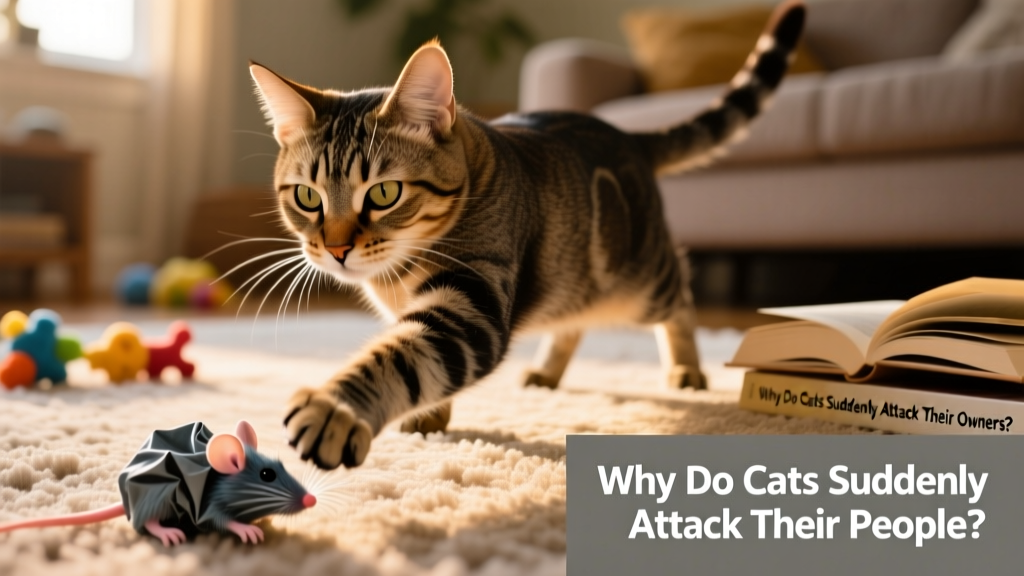 Close-up of a cat mid-pounce, focused on a toy mouse, showing natural predatory posture