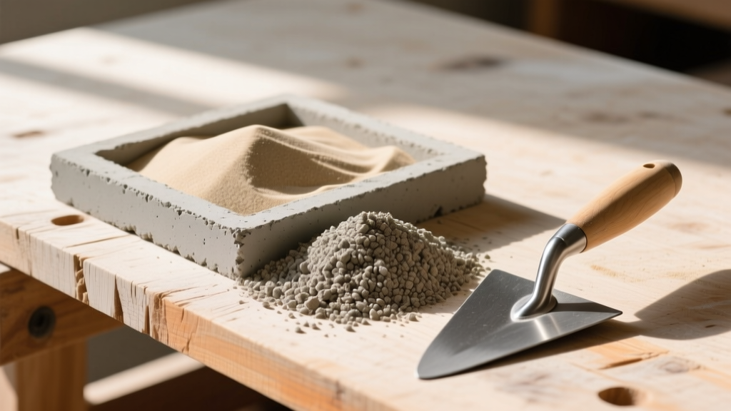 Close-up of fine masonry sand and coarse concrete sand side-by-side on a wooden workbench next to a masonry trowel and concrete float.
