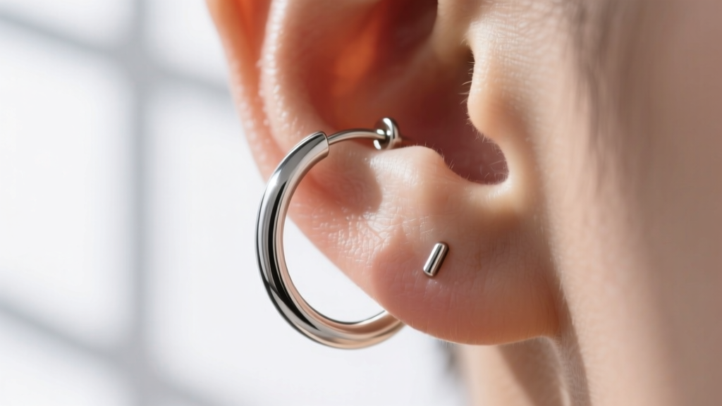 Close-up diagram style photo of a continuous endless 25mm silver hoop earring inserted in a lower earlobe piercing