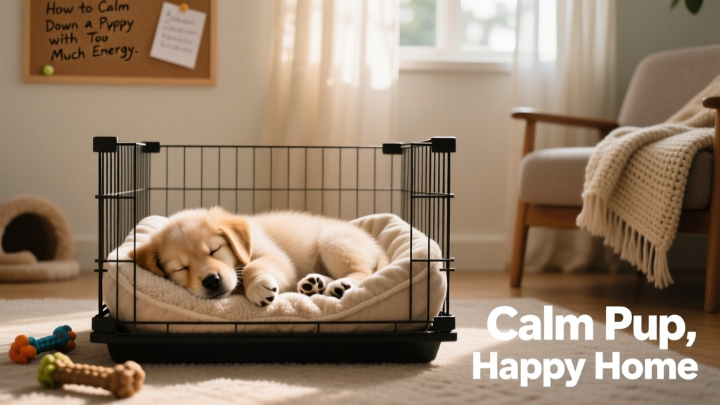 Puppy peacefully resting in a cozy, lined dog crate with soft bedding