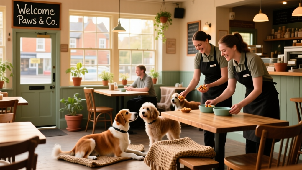 A cozy, dog-friendly restaurant in Basingstoke with dogs lounging near tables and staff interacting warmly with pets