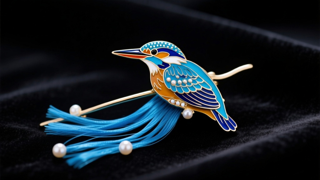 Close-up of a cruelty-free kingfisher enamel hairpin with vibrant blue dyed silk threads and pearl accents on dark velvet