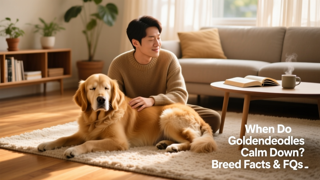 An adult Goldendoodle lying peacefully beside its owner on a cozy living room rug