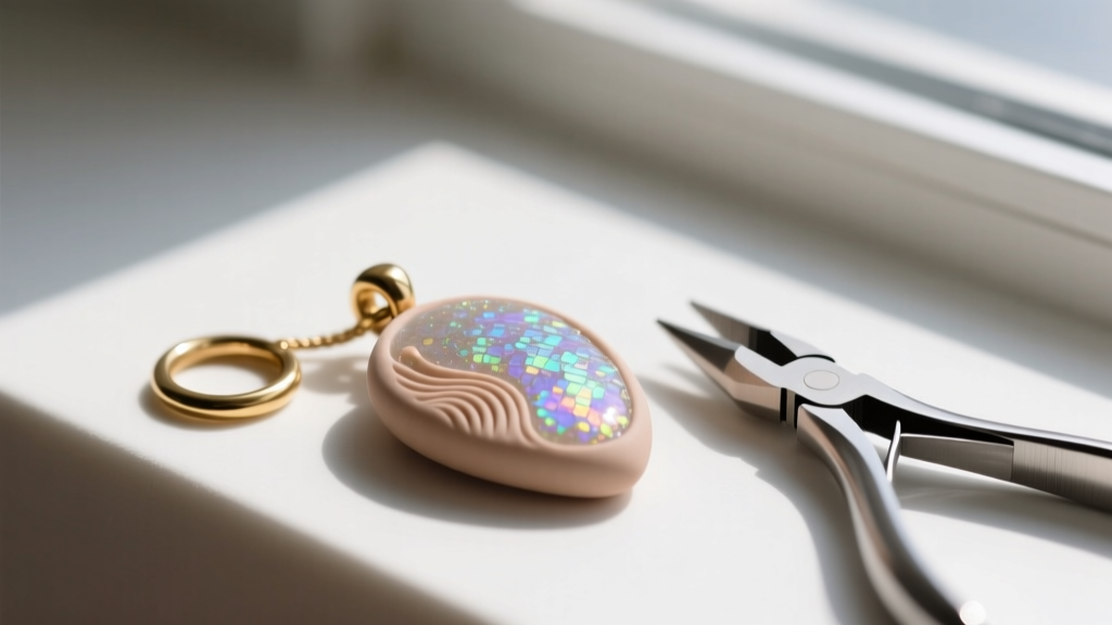 Macro shot of a raw polymer clay pendant showing embedded mica shimmer, placed next to a brass jump ring and jewelry pliers.