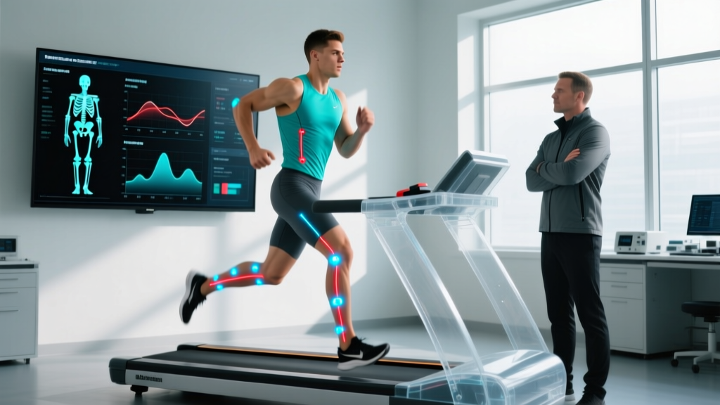 Runner undergoing treadmill gait analysis with motion capture sensors at a professional sports lab while a coach reviews biomechanics data on a monitor