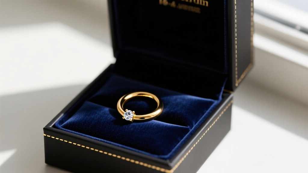 Elegant gift box open to reveal a 16-gauge threadless gold cartilage hoop with a tiny diamond, resting on dark velvet fabric.