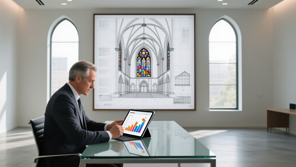 Financial planner reviewing digital infrastructure budget on a tablet with a church architectural blueprint in the background