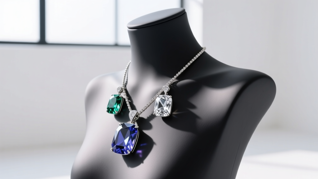 Side profile of matte silicone mannequin jewelry display showing a 45-degree shoulder drop to support heavy gemstone pendants