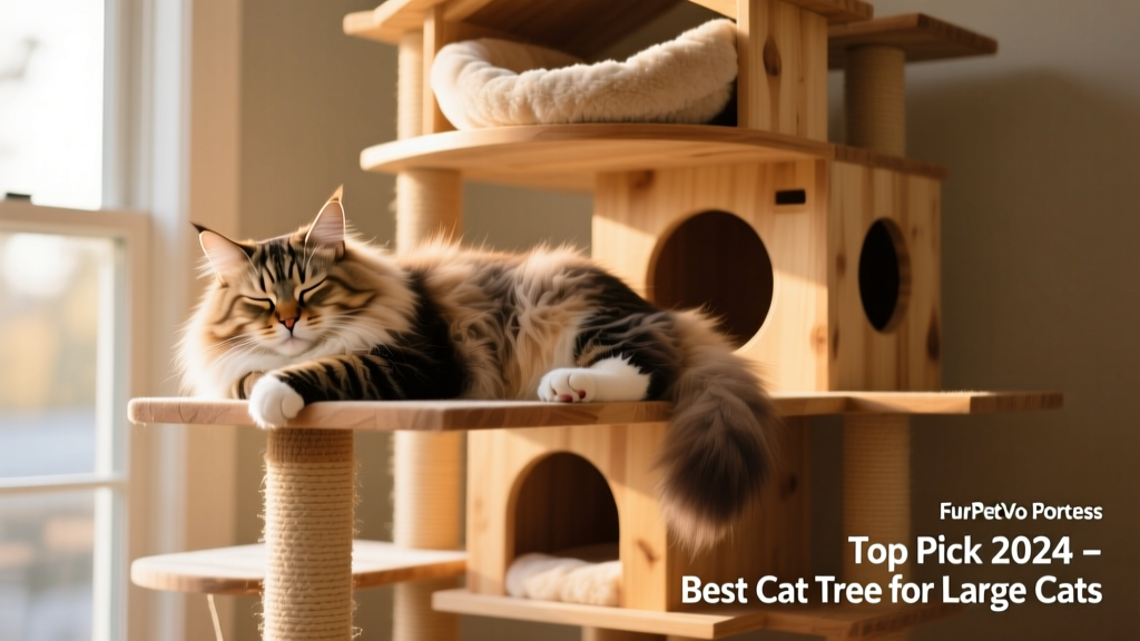 A relaxed Norwegian Forest Cat napping on the top perch of a FurPetVo Summit Fortress, bathed in natural light