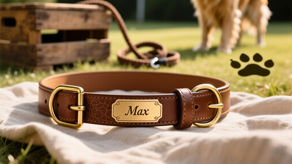 Close-up of a well-crafted brown leather dog collar with brass hardware and engraved nameplate