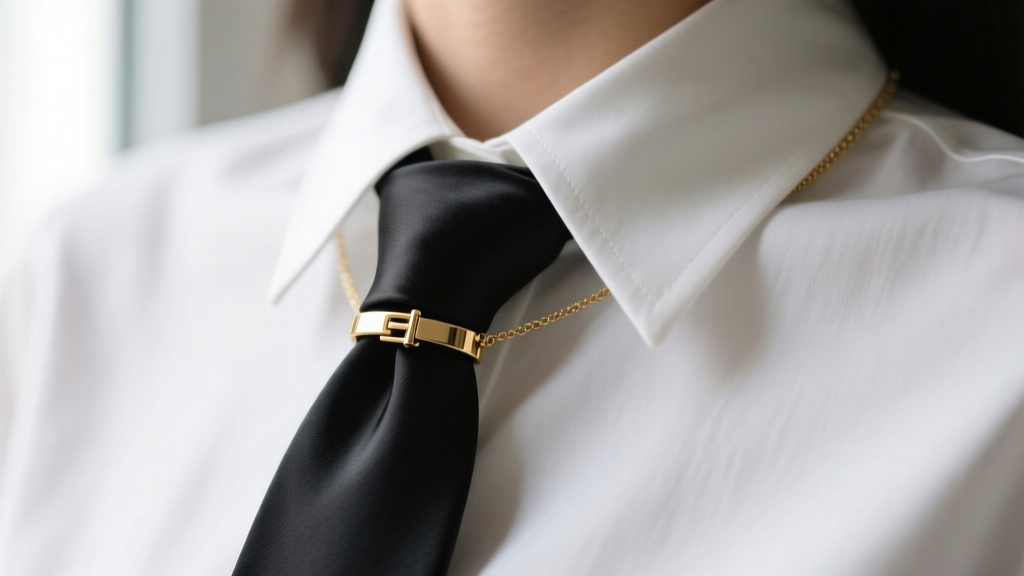 Close-up of a minimalist black silk tie necklace with a brushed gold magnetic slide clasp on a crisp white silk blouse collar.
