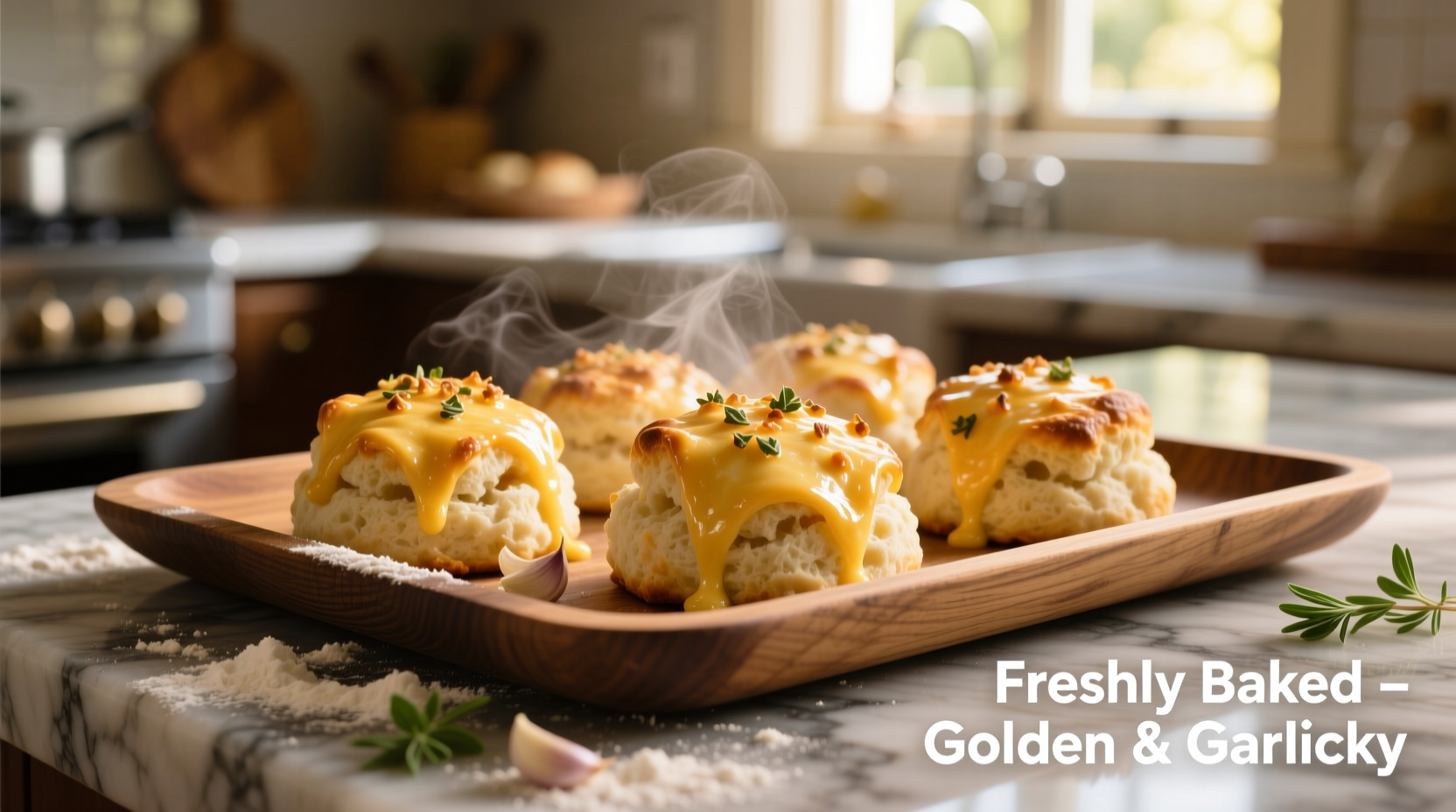 Golden cheesy garlic biscuits fresh from oven
