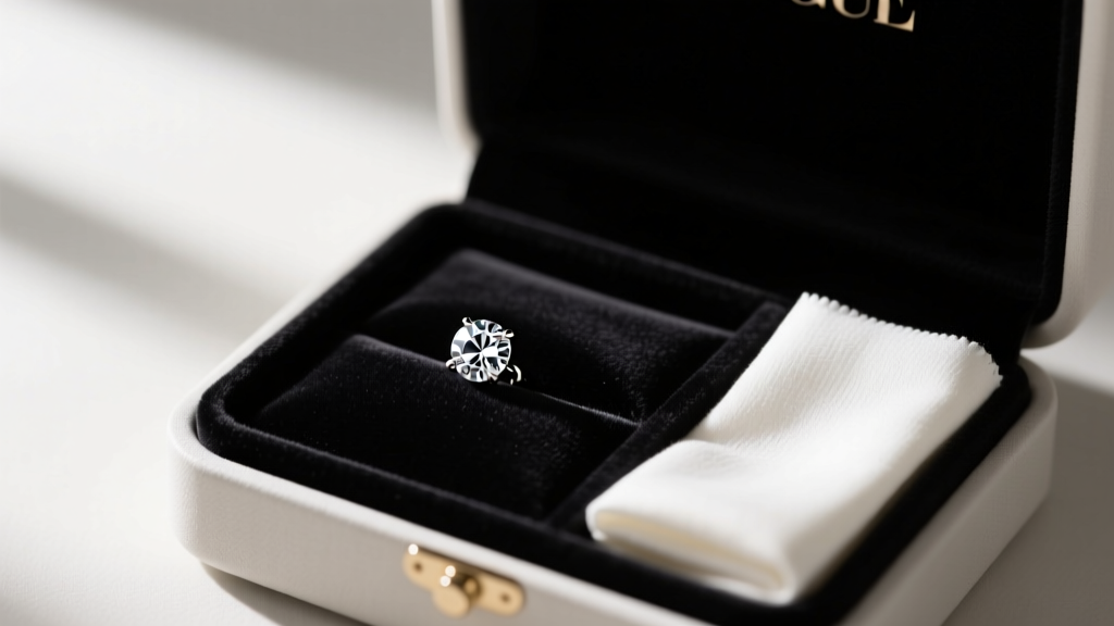 Single diamond stud earring resting in a velvet-lined compartmentalized travel jewelry box next to a microfiber polishing cloth