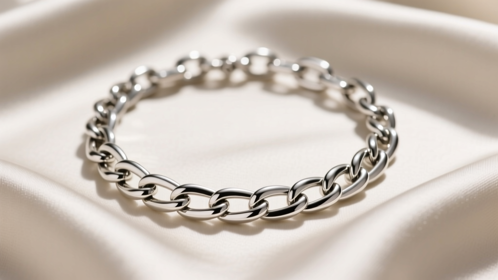 Close-up of a silver-tone Ann Taylor chain necklace over silk, highlighting the bright finish and smooth link construction.