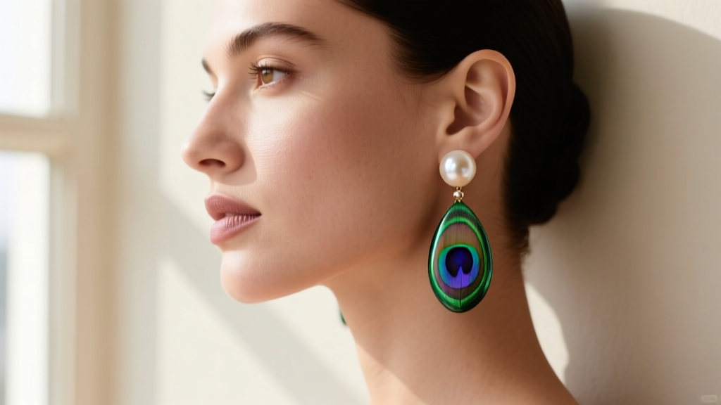 Side profile of a woman wearing Tahitian peacock keshi pearl drop earrings, highlighting green and purple overtones against skin.
