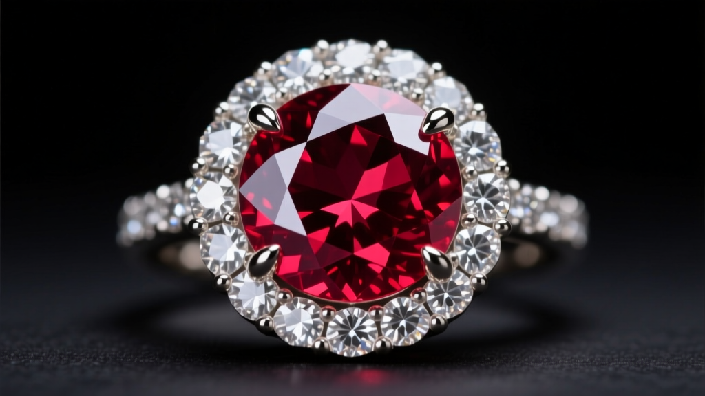 Macro shot of a diamond halo around a ruby birthstone, showing detailed prong work and bright light reflection on dark velvet.