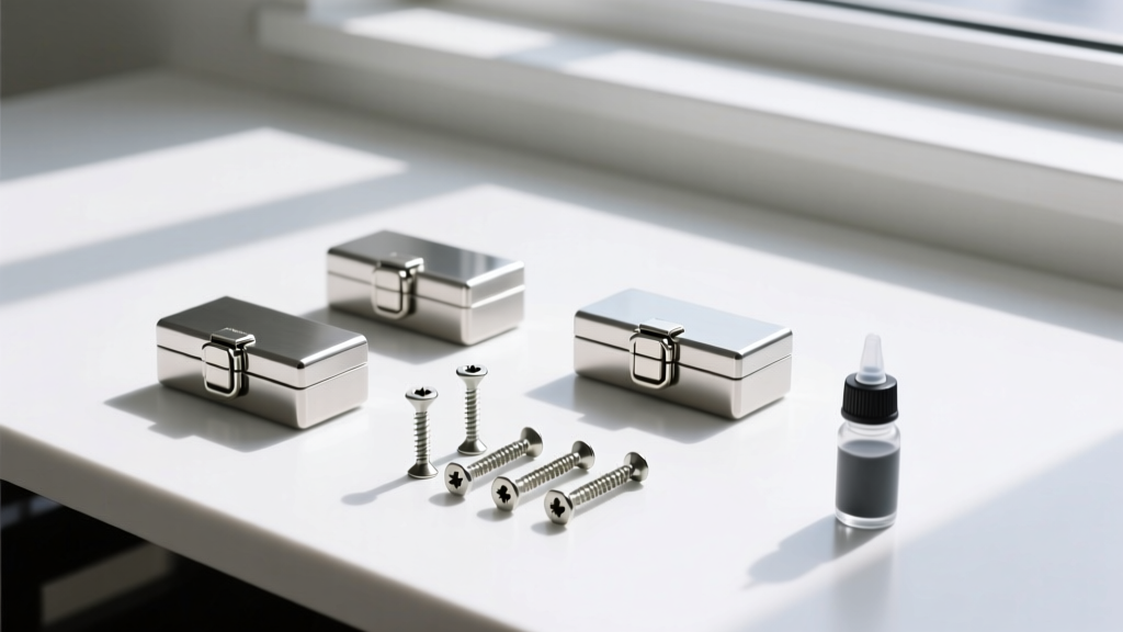 Flat lay of replacement jewelry box hardware with stainless steel hasps, M2 machine screws, and graphite lubricant on a clean workbench.