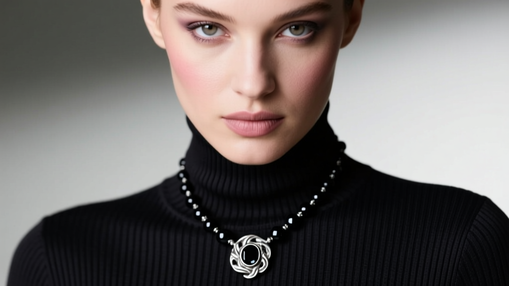 Close-up of a model wearing an oxidized silver eves necklace pendant with black spinel beads over a dark ribbed turtleneck