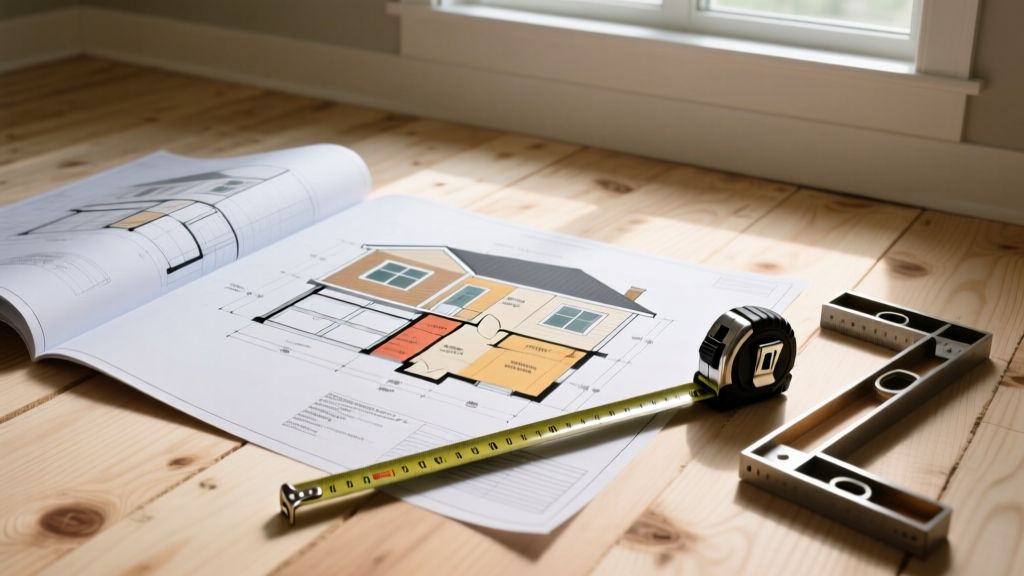 Architectural blueprints for a two-story garage apartment spread on a plywood subfloor next to a tape measure and framing square