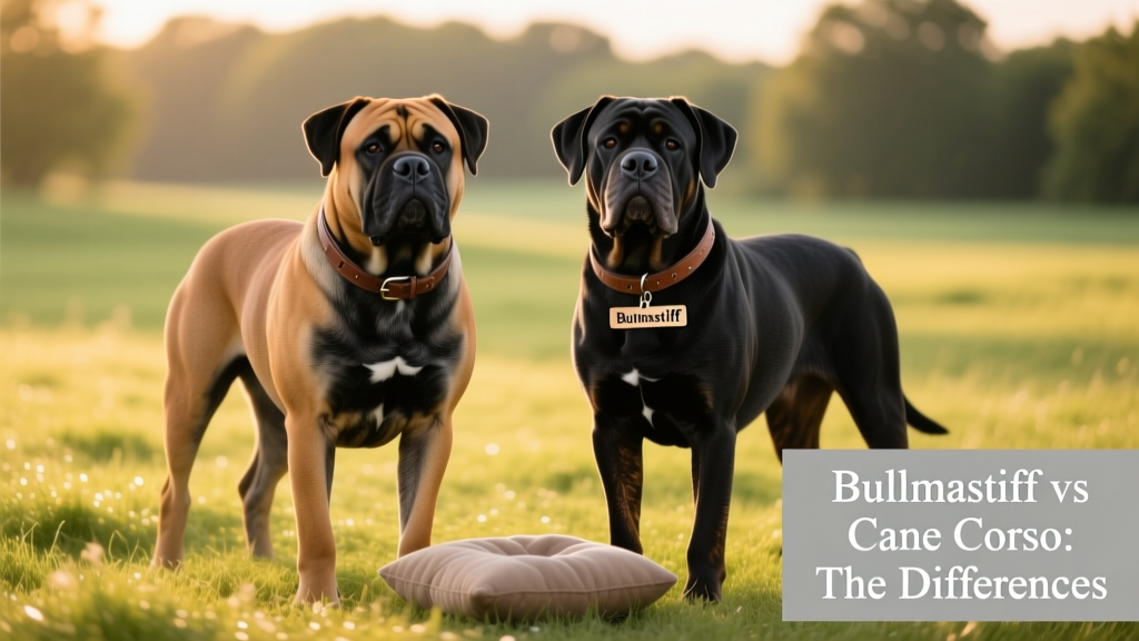 Side-by-side comparison of a Bullmastiff and a Cane Corso standing calmly on grass