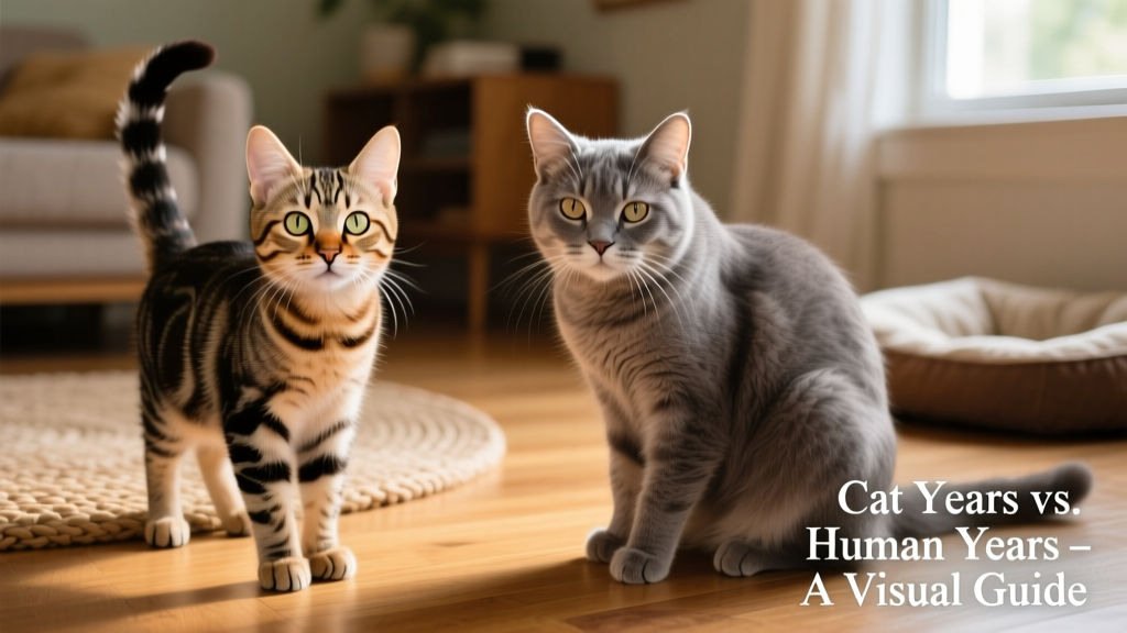Side-by-side comparison of a young cat and a senior cat, highlighting visible aging differences in fur texture, eye clarity, and posture