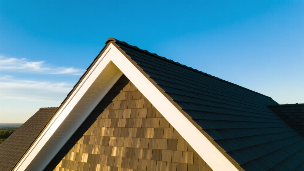 Aerial view of a steep-pitch gable roof featuring dark charcoal architectural shingles with crisp white rake trim against a clear blue sky
