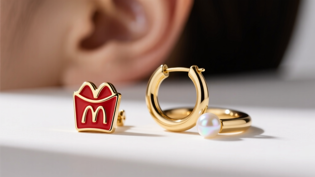 Curated ear stack showing a subtle red enamel fast food stud, paired with minimalist gold huggies and a delicate pearl helix cuff.