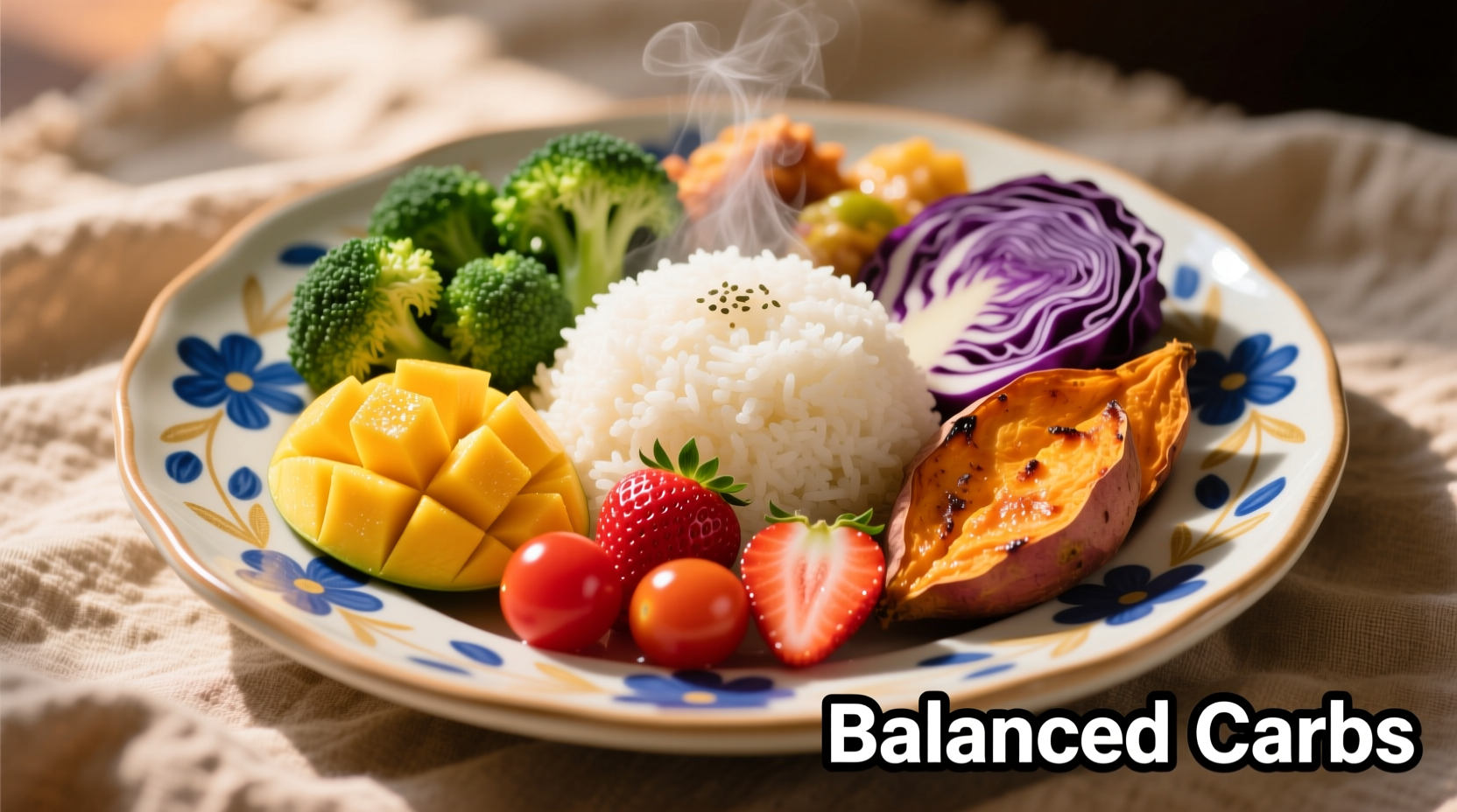 Colorful plate showing carb-containing foods like rice, fruit, and vegetables