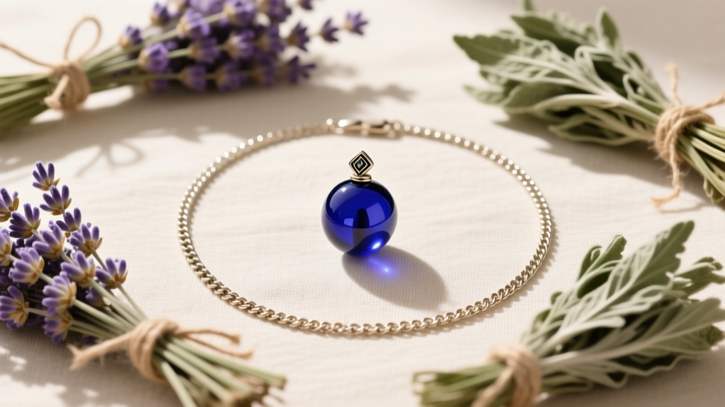 Flat lay of a traditional Turkish cobalt glass nazar bead on a 16-inch rolo chain, surrounded by dried lavender and sage bundles.