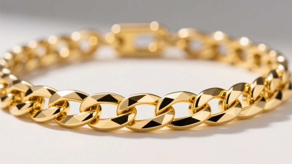 Macro shot of a solid 14k yellow gold flat curb chain necklace showing diamond-cut beveled edges on interlocking links