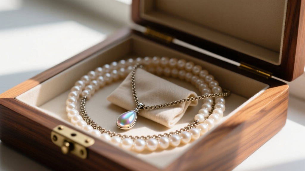 Pearl lariat necklace coiled in a cedar box, the Y-drop tail wrapped in anti-tarnish cloth to prevent bead micro-abrasions.