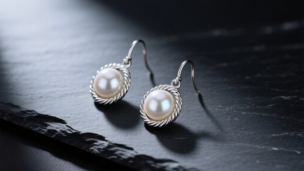 Elegant flat lay of sterling silver cable pearl drop earrings resting on dark slate surface with soft directional lighting.