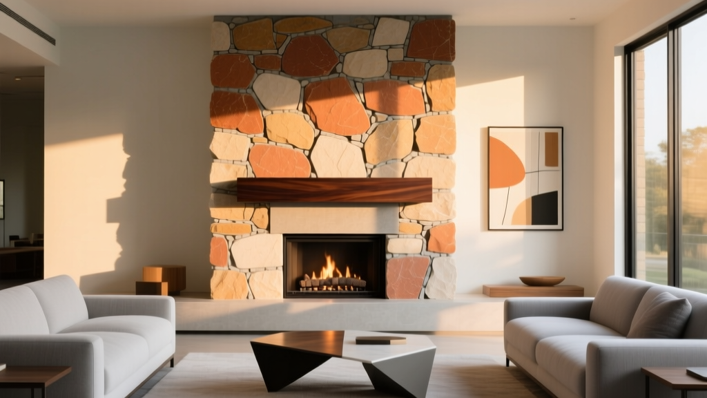 Dry-stacked stone veneer fireplace surround in warm earth tones with a dark wood mantel in a bright modern living room