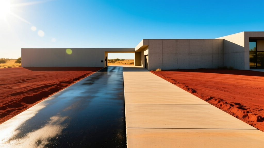 Split driveway showing dark asphalt and brushed concrete under bright Oklahoma sun with red expansive clay soil visible at edges